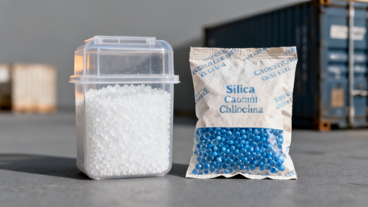 Calcium chloride container desiccant compared with silica gel packets for cargo shipping